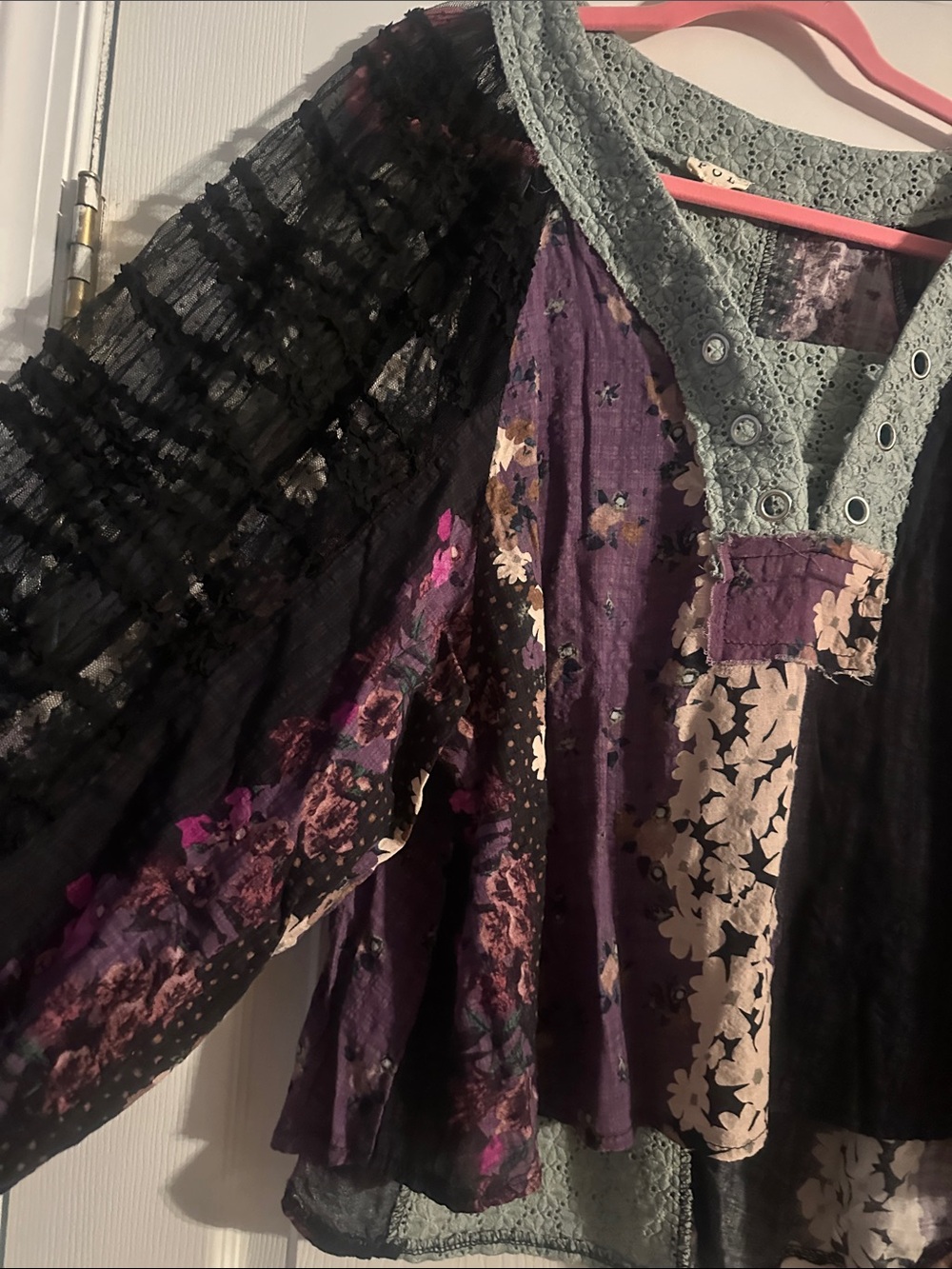 POL Floral Patchwork Boho Top in Black, Purple, Green - Picture 3 of 9